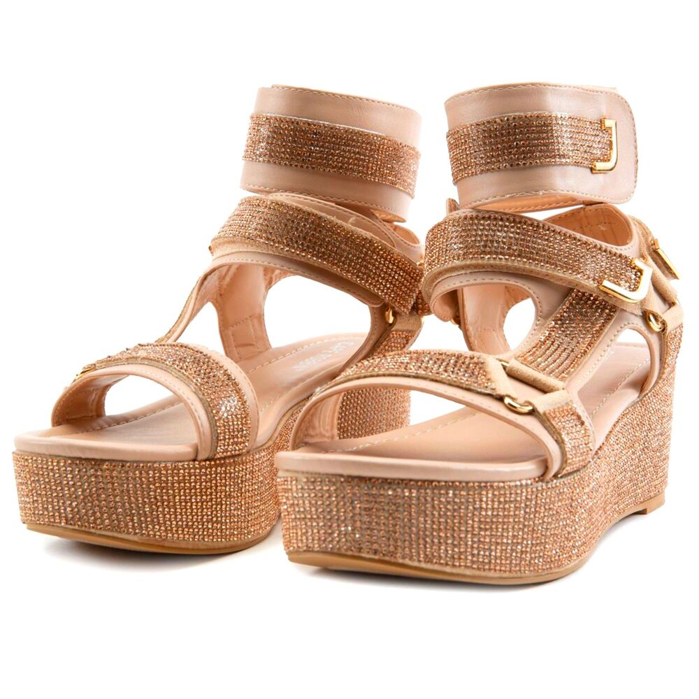 Azalea Wang Nude Rose Gold Rhinestones Fairy Romano Wedges Chunky Sandals 6.5